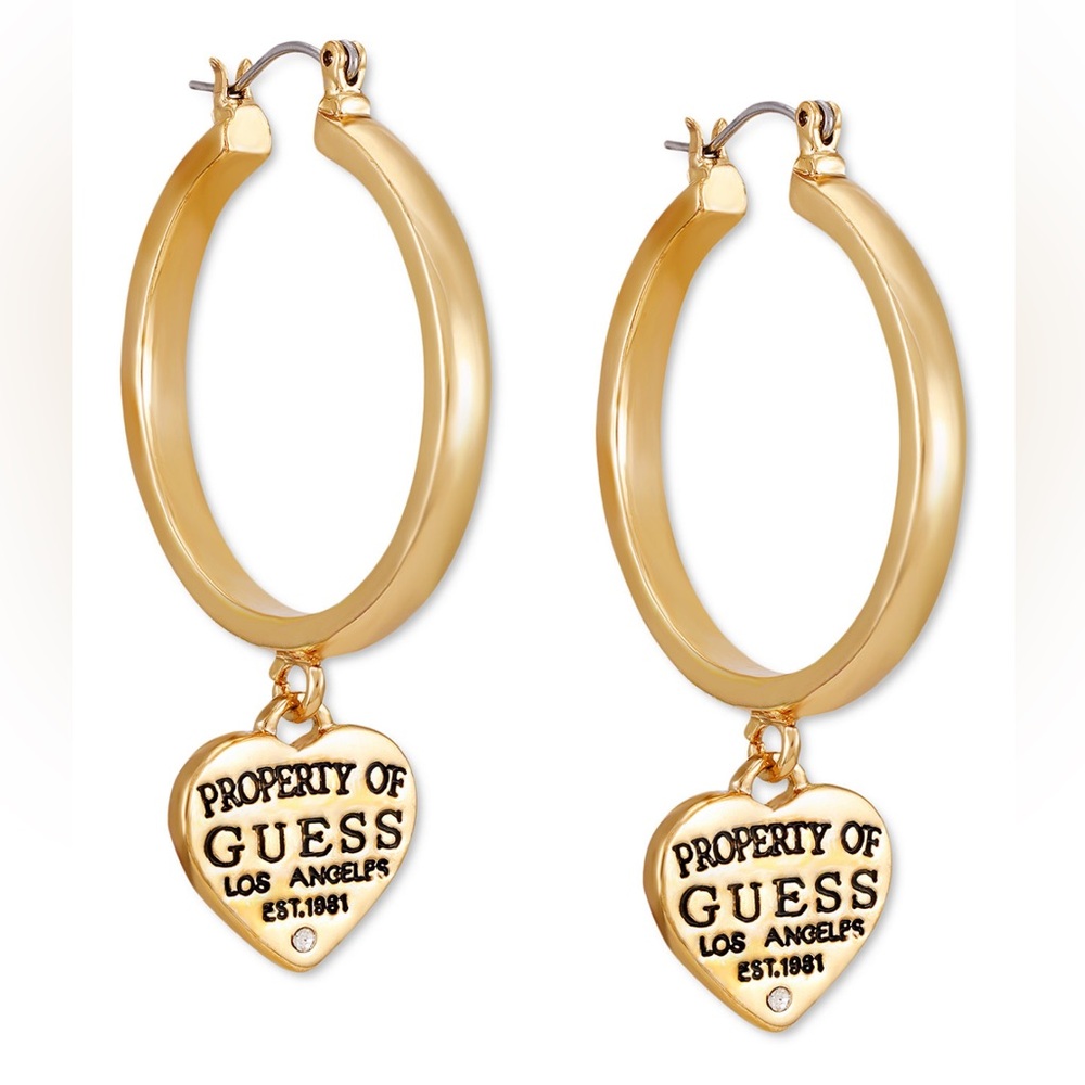 NEW!! GUESS Gold-Tone Pavé & Logo Heart Charm Hoop Earrings